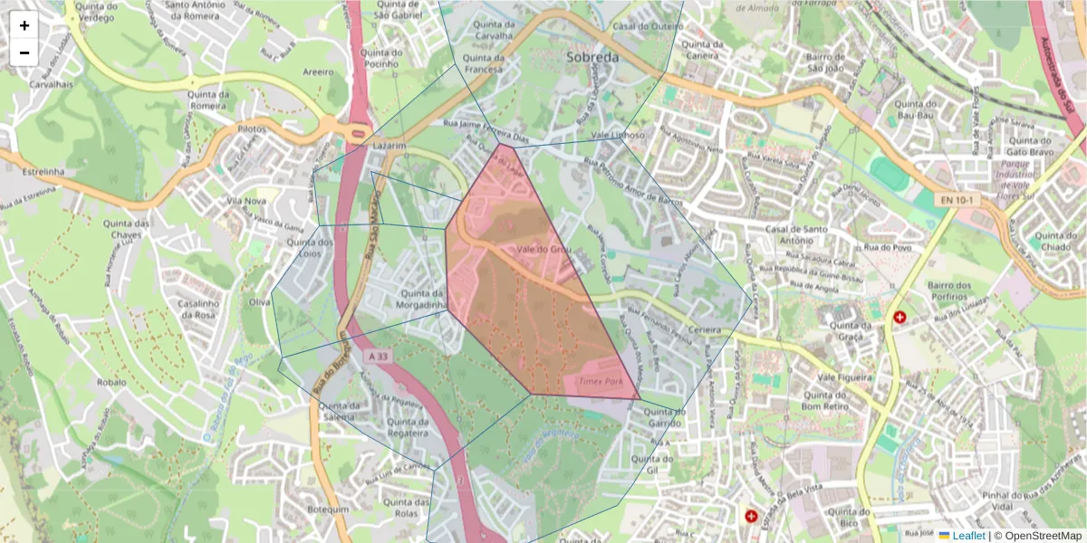 Mapa detalhado do código postal 2815-786 com limites, códigos postais vizinhos e agências dos correios