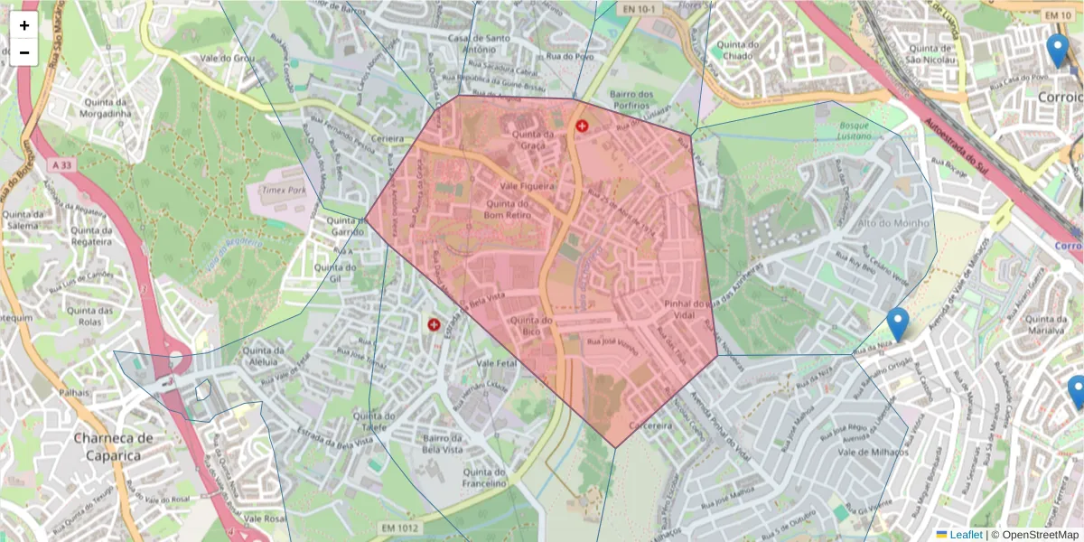 Mapa detalhado do código postal 2815-828 com limites, códigos postais vizinhos e agências dos correios