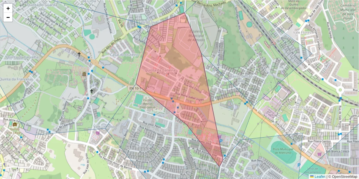 Mapa detalhado do código postal 2815-894 com limites, códigos postais vizinhos e agências dos correios