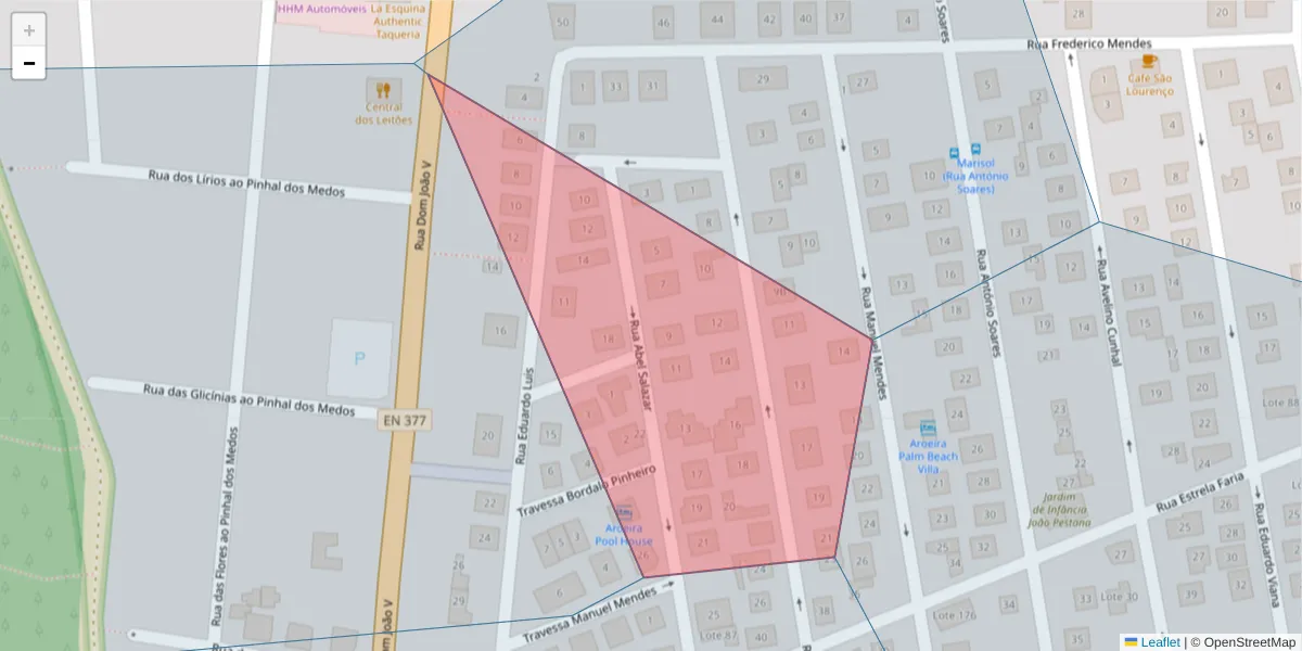 Mapa detalhado do código postal 2820-021 com limites, códigos postais vizinhos e agências dos correios