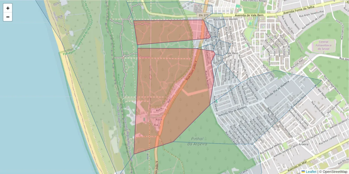 Mapa detalhado do código postal 2820-044 com limites, códigos postais vizinhos e agências dos correios