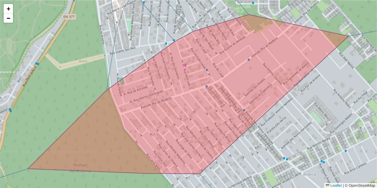Mapa detalhado do código postal 2820-084 com limites, códigos postais vizinhos e agências dos correios