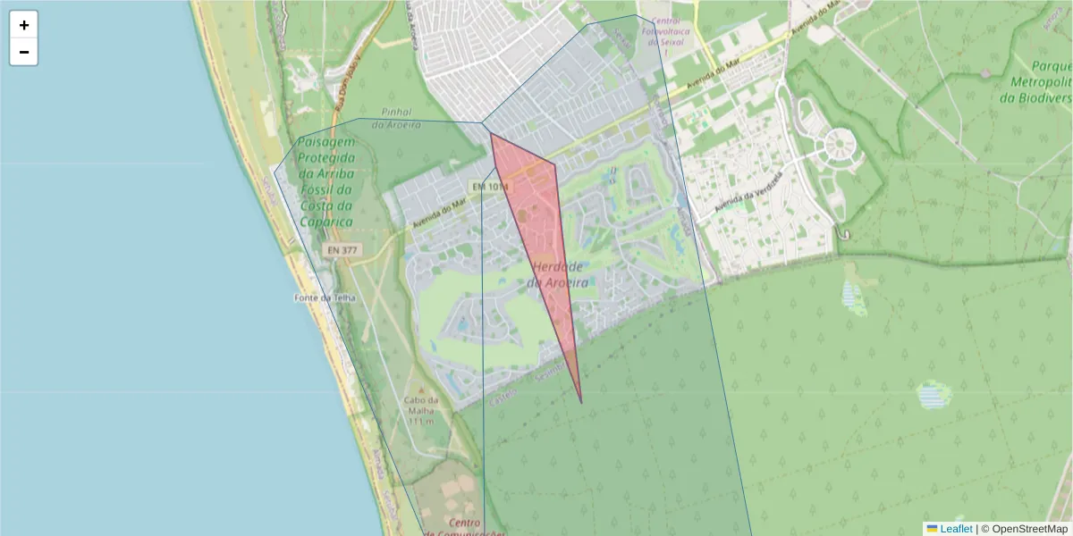 Mapa detalhado do código postal 2820-100 com limites, códigos postais vizinhos e agências dos correios