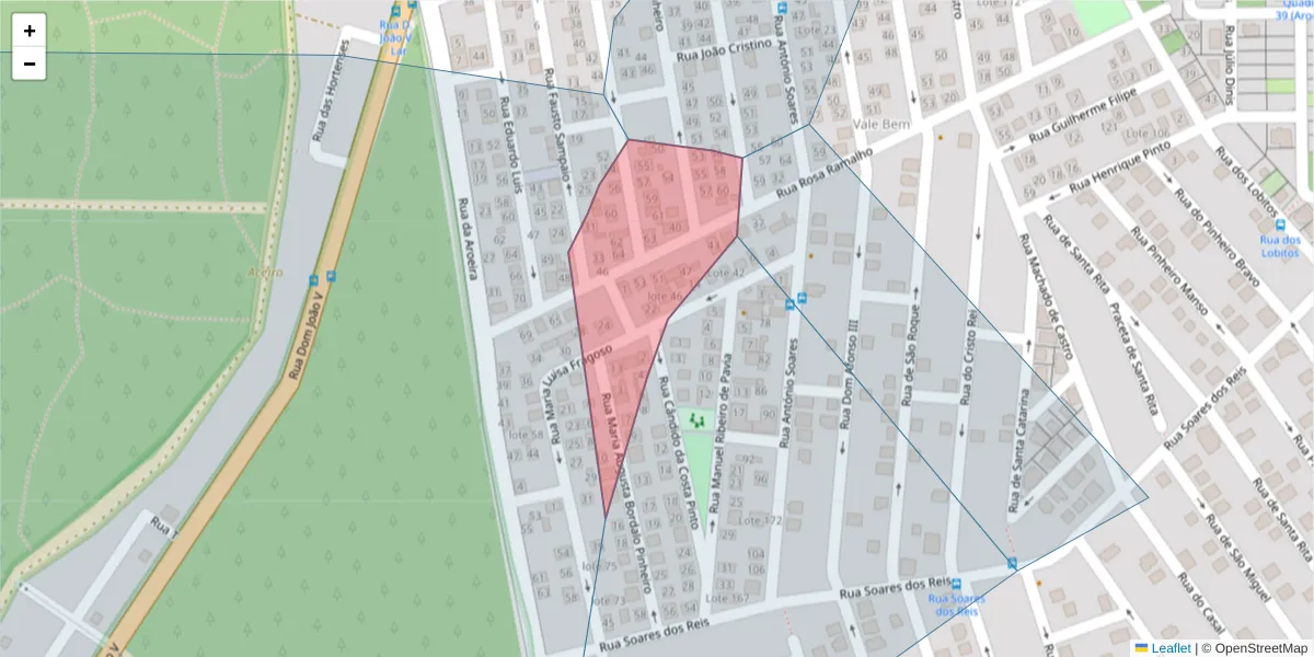 Mapa detalhado do código postal 2820-121 com limites, códigos postais vizinhos e agências dos correios