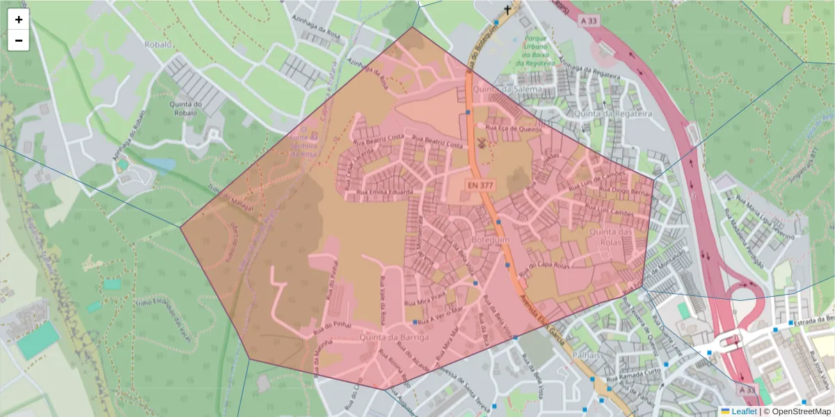 Mapa detalhado do código postal 2820-147 com limites, códigos postais vizinhos e agências dos correios