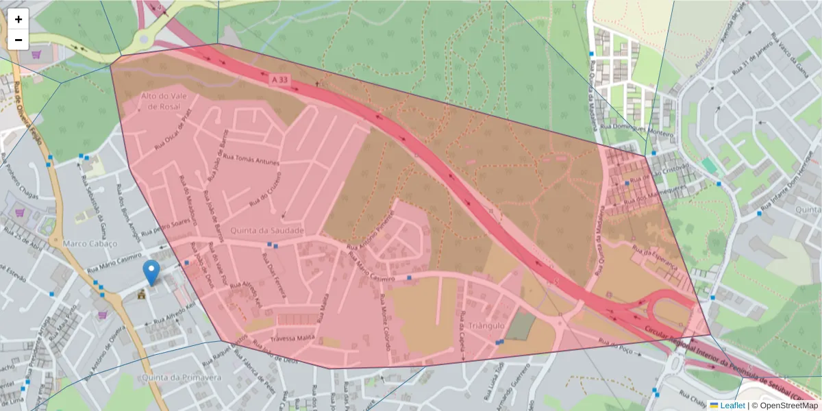 Mapa detalhado do código postal 2820-177 com limites, códigos postais vizinhos e agências dos correios
