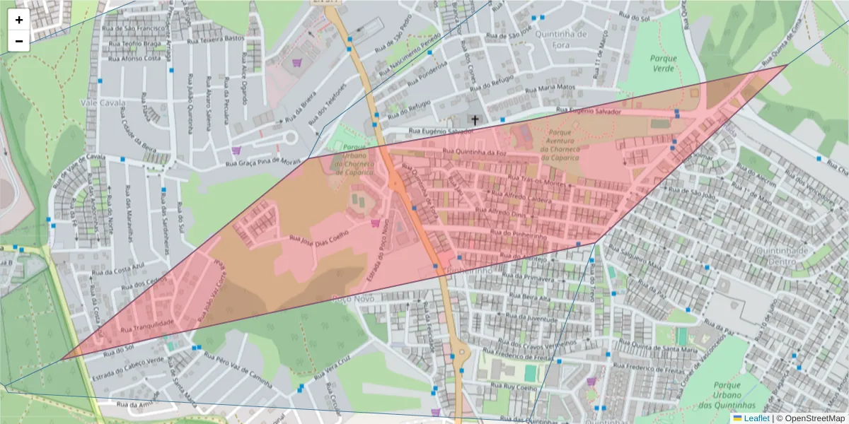 Mapa detalhado do código postal 2820-186 com limites, códigos postais vizinhos e agências dos correios