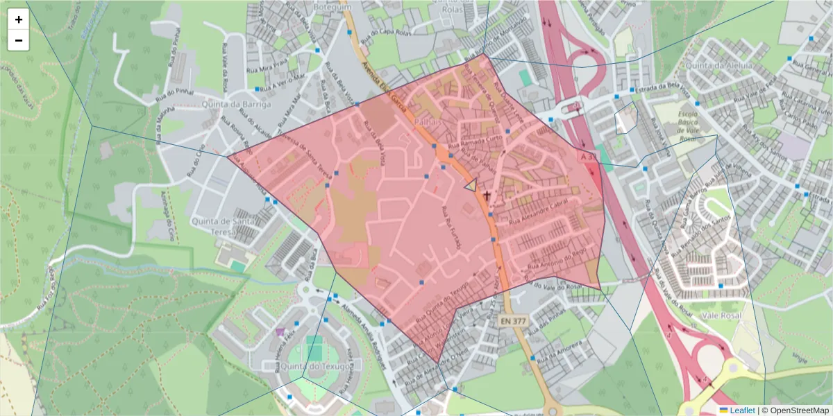 Mapa detalhado do código postal 2820-225 com limites, códigos postais vizinhos e agências dos correios