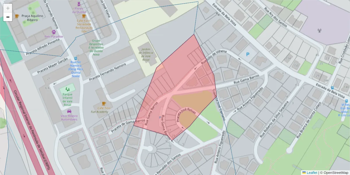 Mapa detalhado do código postal 2820-275 com limites, códigos postais vizinhos e agências dos correios