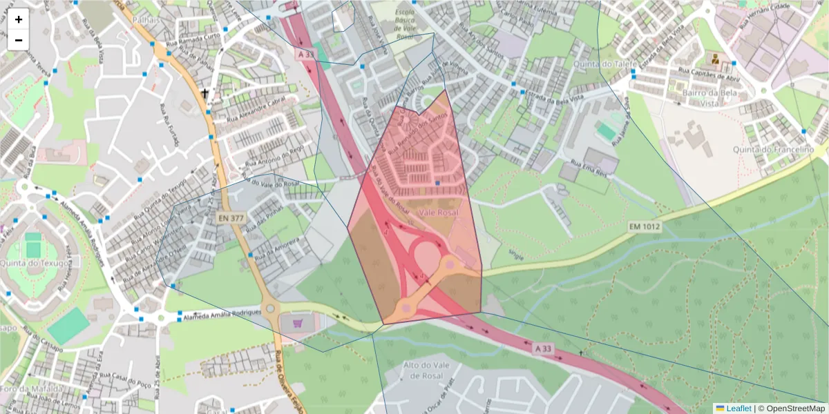 Mapa detalhado do código postal 2820-277 com limites, códigos postais vizinhos e agências dos correios