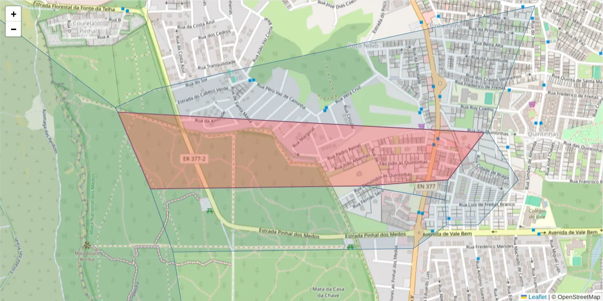 Mapa detalhado do código postal 2820-291 com limites, códigos postais vizinhos e agências dos correios