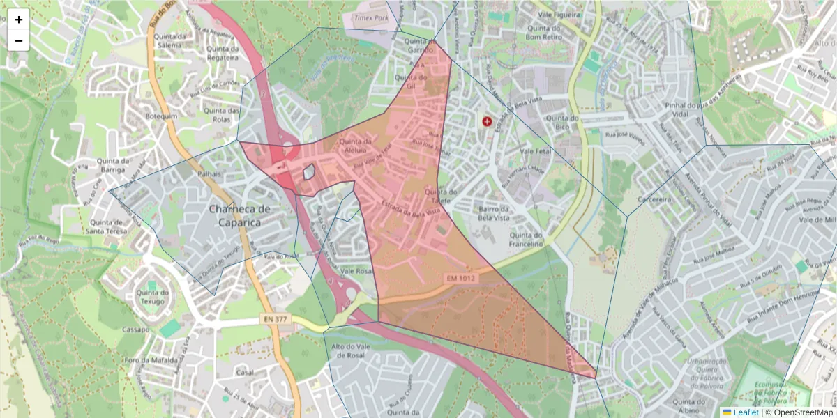Mapa detalhado do código postal 2820-454 com limites, códigos postais vizinhos e agências dos correios