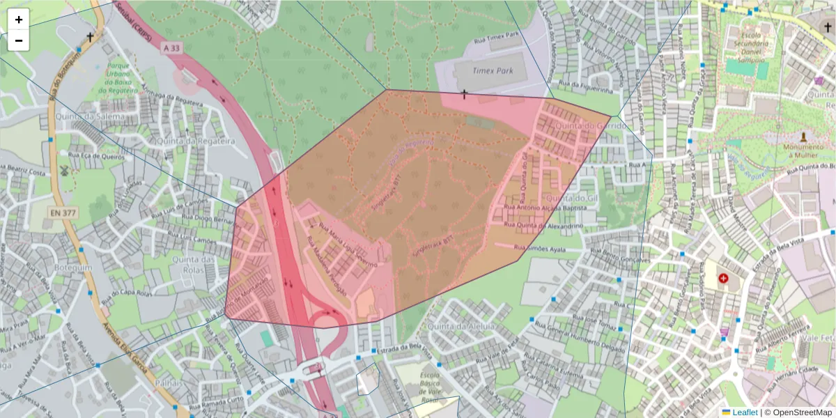 Mapa detalhado do código postal 2820-574 com limites, códigos postais vizinhos e agências dos correios