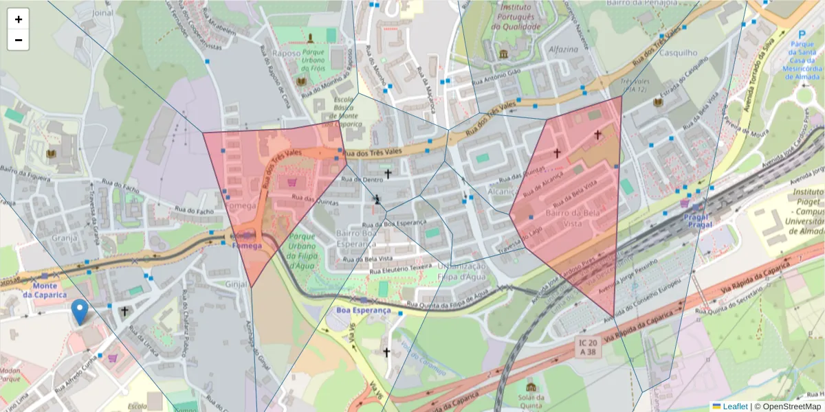 Mapa detalhado do código postal 2825-004 com limites, códigos postais vizinhos e agências dos correios