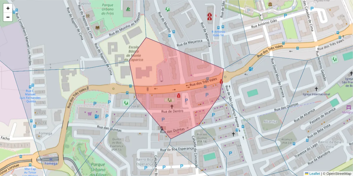 Mapa detalhado do código postal 2825-009 com limites, códigos postais vizinhos e agências dos correios