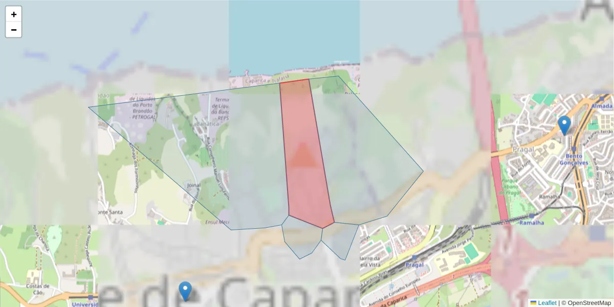 Mapa detalhado do código postal 2825-023 com limites, códigos postais vizinhos e agências dos correios