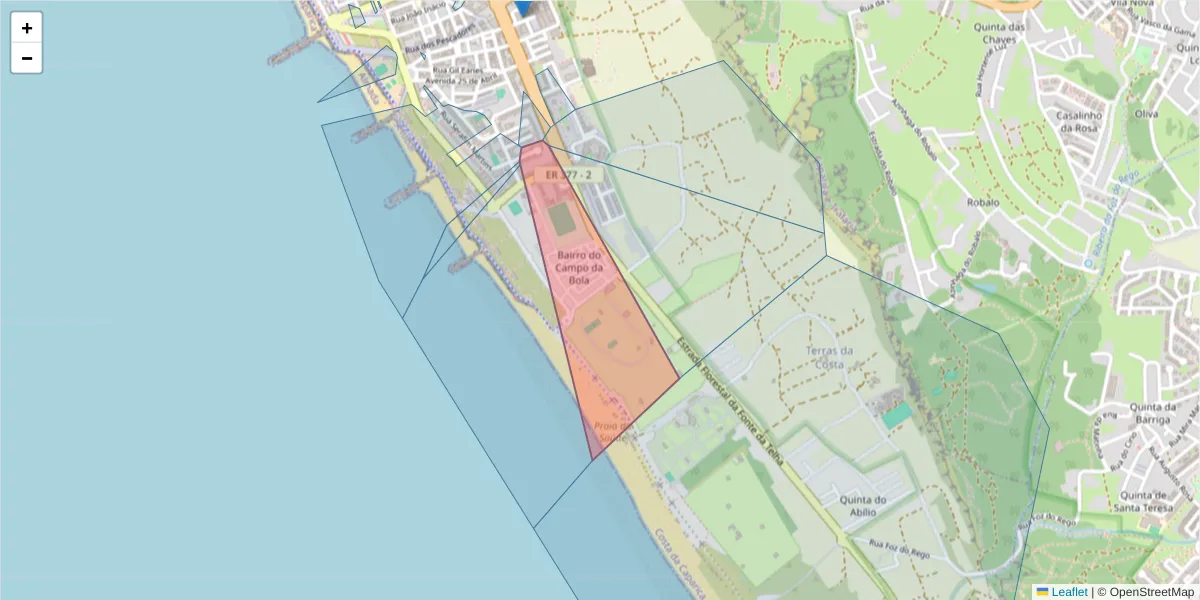 Mapa detalhado do código postal 2825-044 com limites, códigos postais vizinhos e agências dos correios
