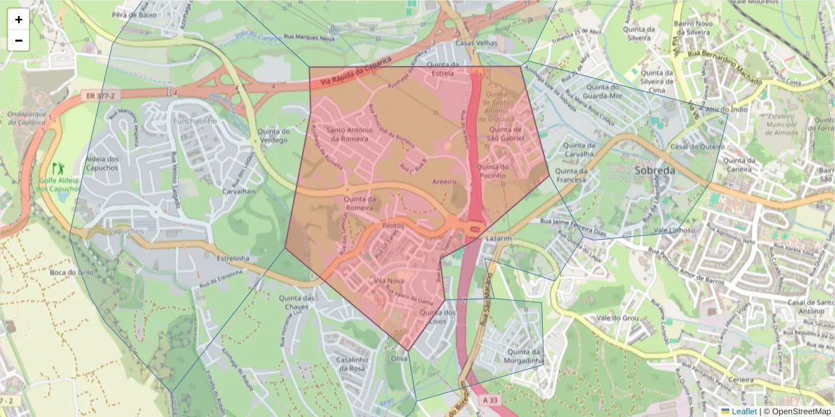 Mapa detalhado do código postal 2825-049 com limites, códigos postais vizinhos e agências dos correios