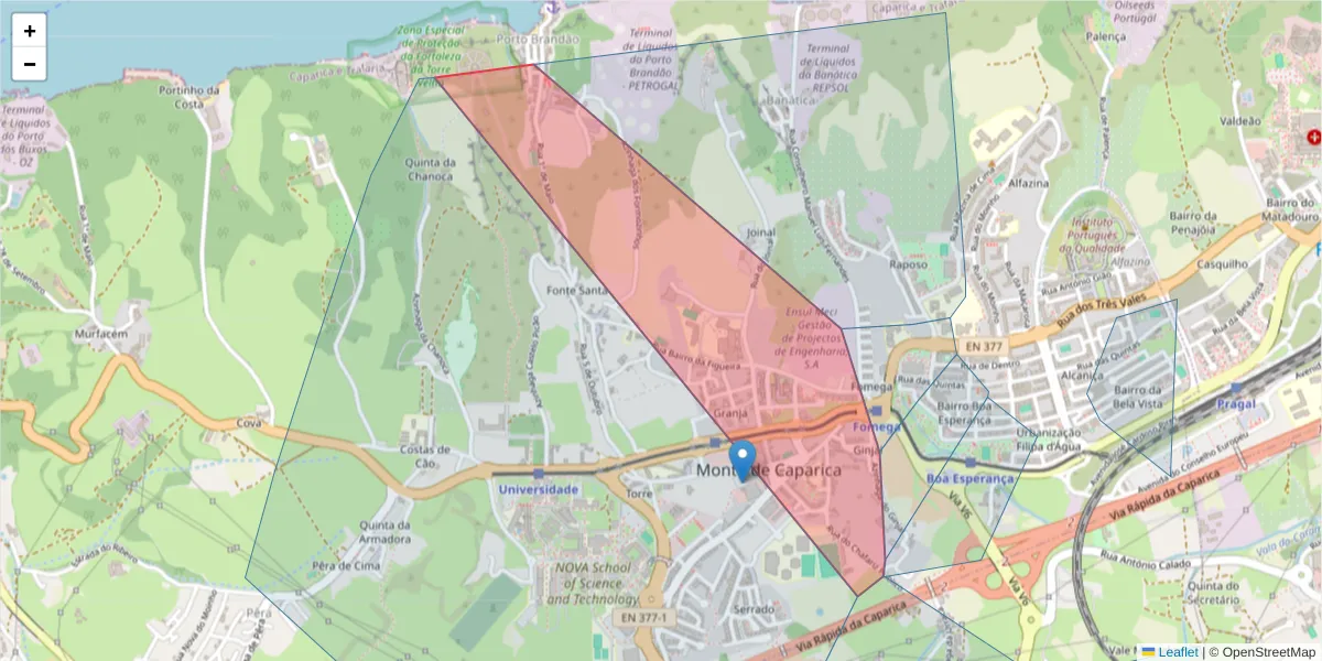 Mapa detalhado do código postal 2825-146 com limites, códigos postais vizinhos e agências dos correios