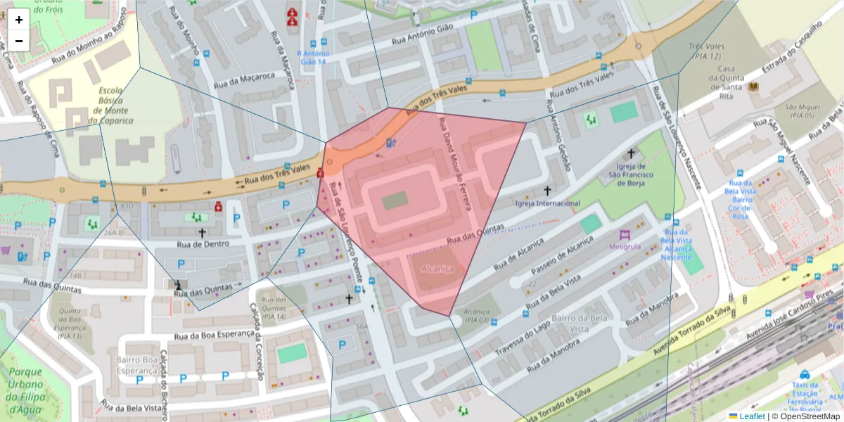 Mapa detalhado do código postal 2825-171 com limites, códigos postais vizinhos e agências dos correios