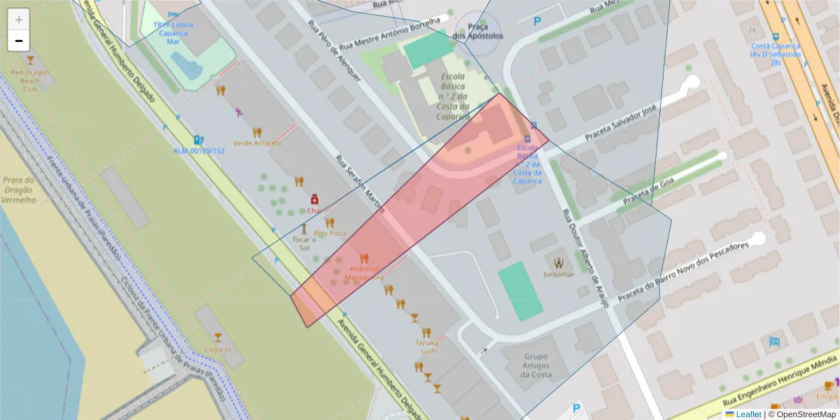 Mapa detalhado do código postal 2825-278 com limites, códigos postais vizinhos e agências dos correios
