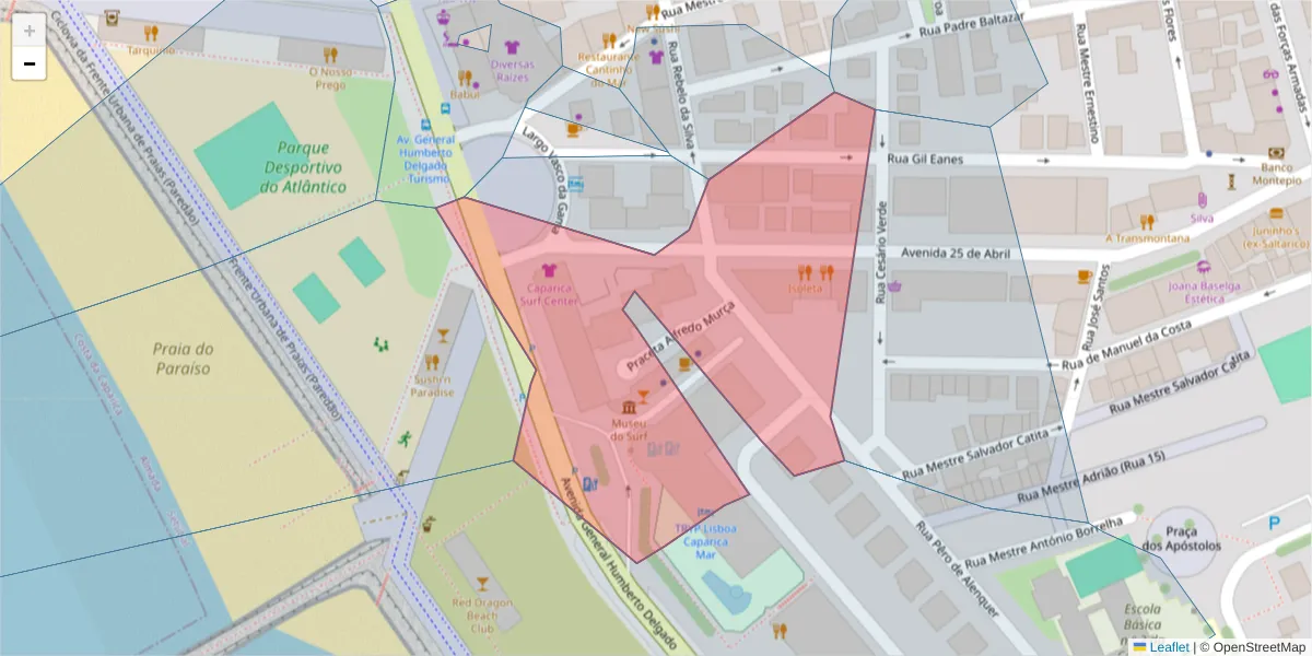 Mapa detalhado do código postal 2825-279 com limites, códigos postais vizinhos e agências dos correios