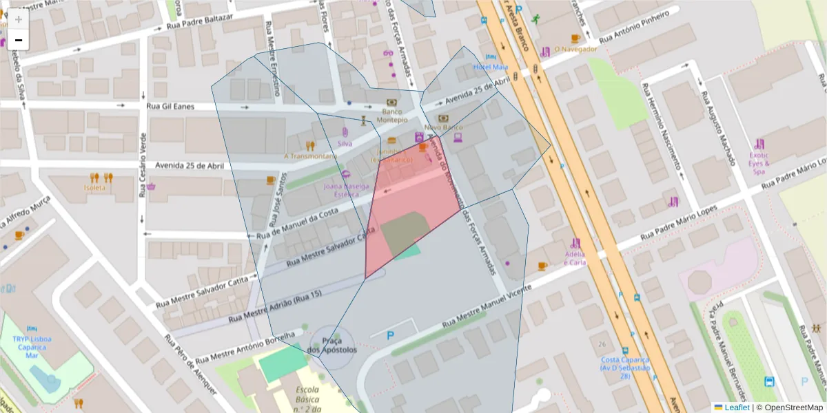 Mapa detalhado do código postal 2825-294 com limites, códigos postais vizinhos e agências dos correios