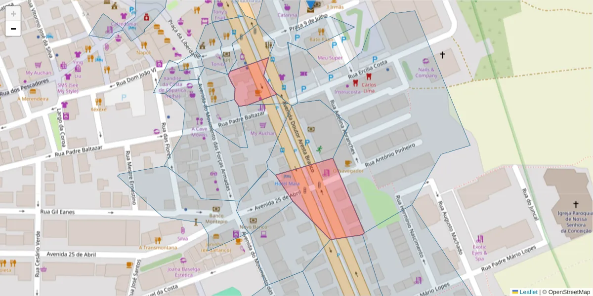 Mapa detalhado do código postal 2825-295 com limites, códigos postais vizinhos e agências dos correios