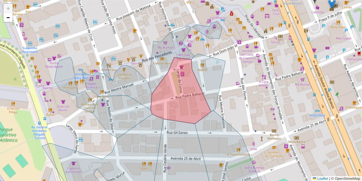Mapa detalhado do código postal 2825-318 com limites, códigos postais vizinhos e agências dos correios