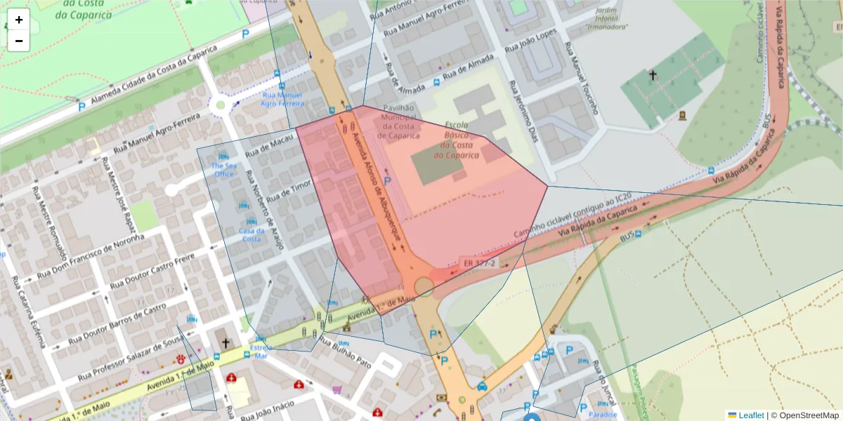 Mapa detalhado do código postal 2825-353 com limites, códigos postais vizinhos e agências dos correios