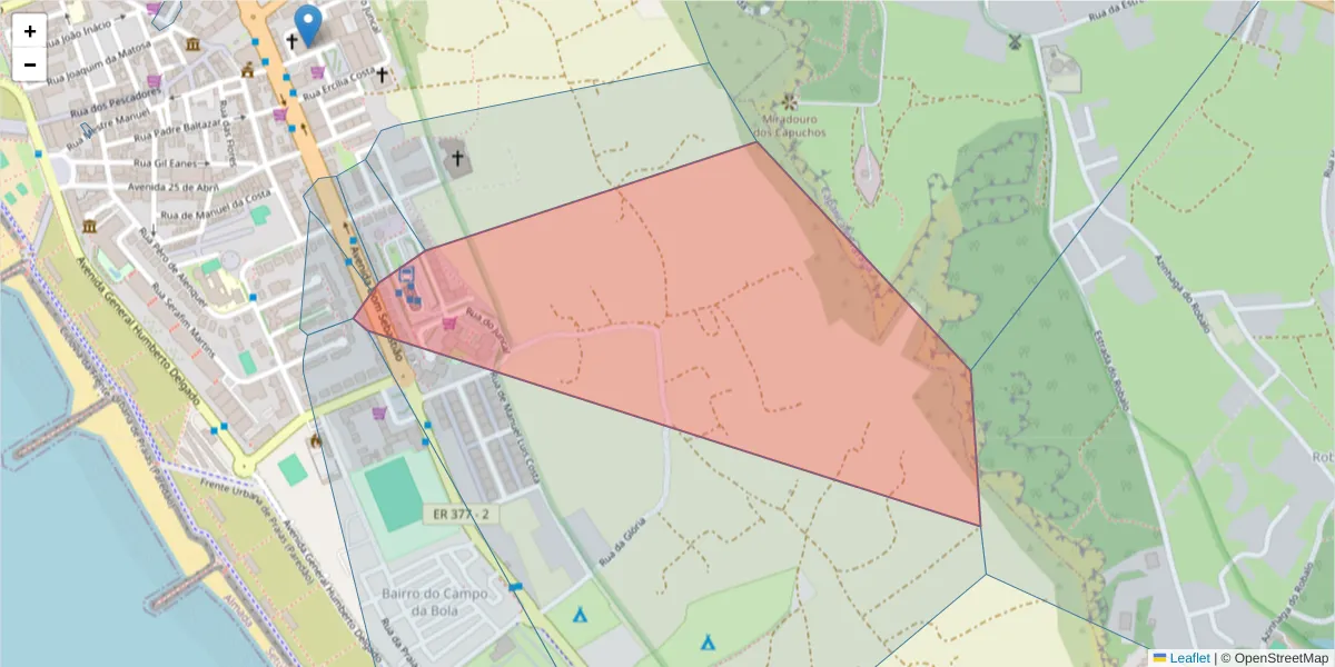 Mapa detalhado do código postal 2825-359 com limites, códigos postais vizinhos e agências dos correios