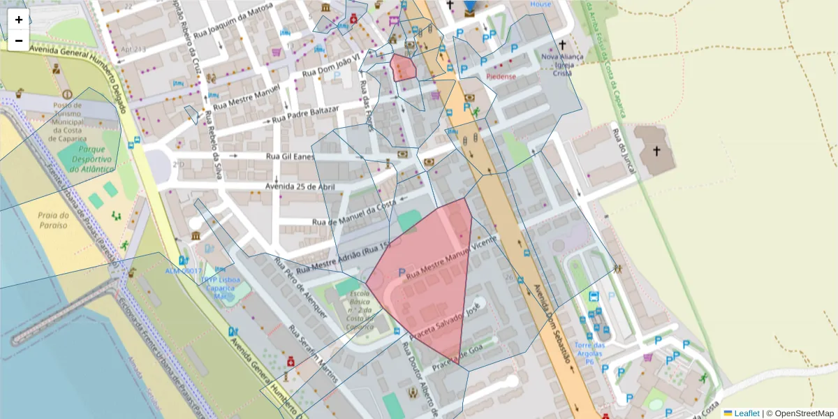 Mapa detalhado do código postal 2825-372 com limites, códigos postais vizinhos e agências dos correios