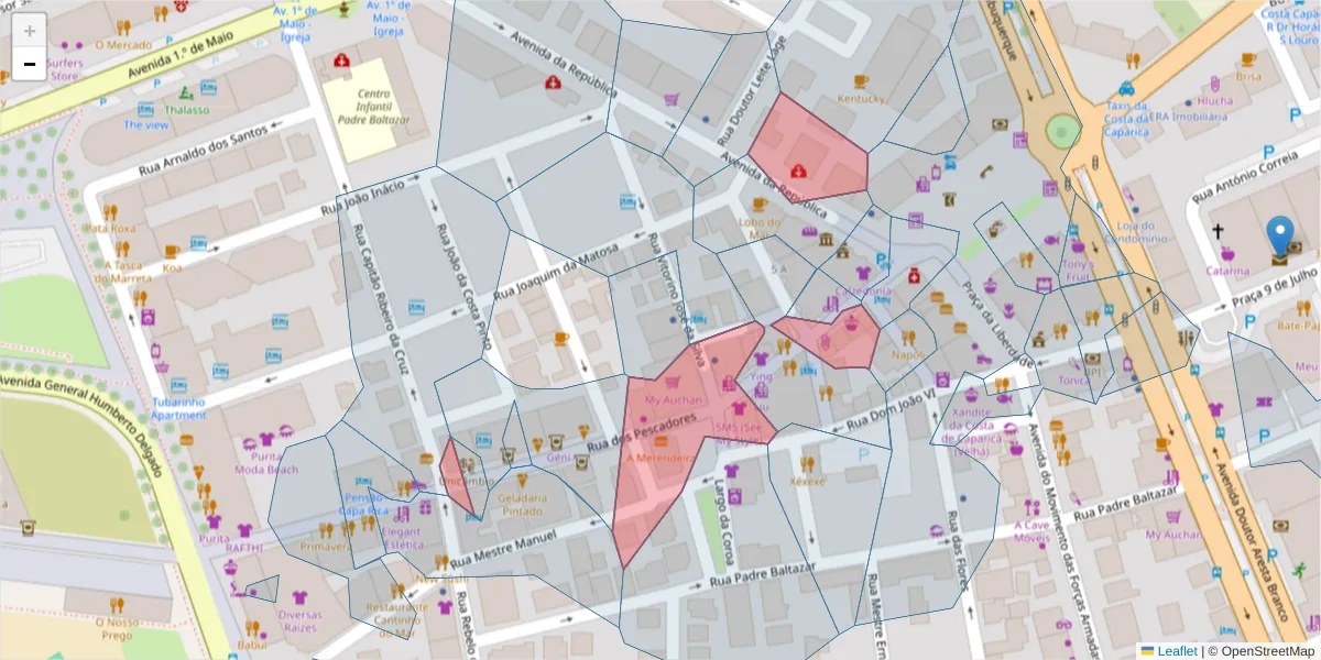 Mapa detalhado do código postal 2825-386 com limites, códigos postais vizinhos e agências dos correios