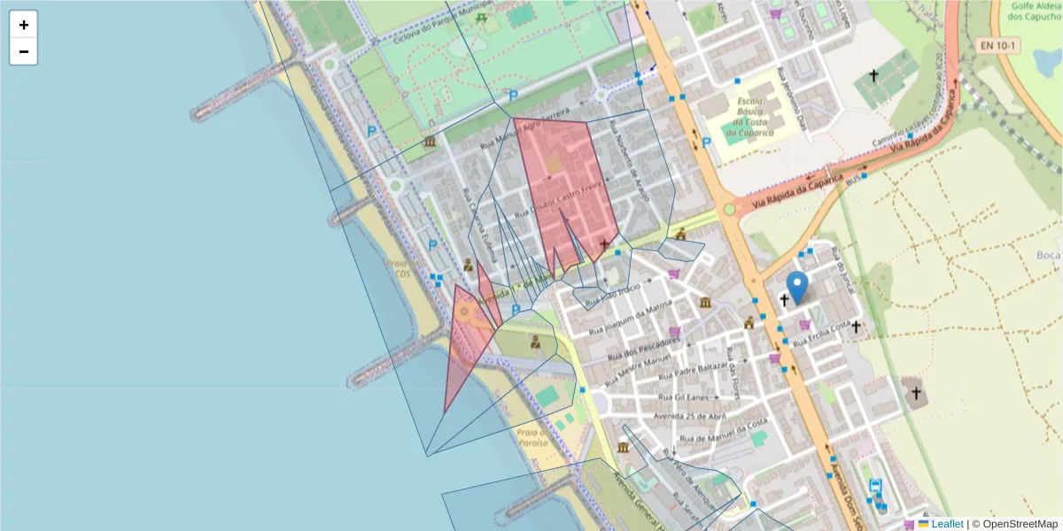 Mapa detalhado do código postal 2825-393 com limites, códigos postais vizinhos e agências dos correios