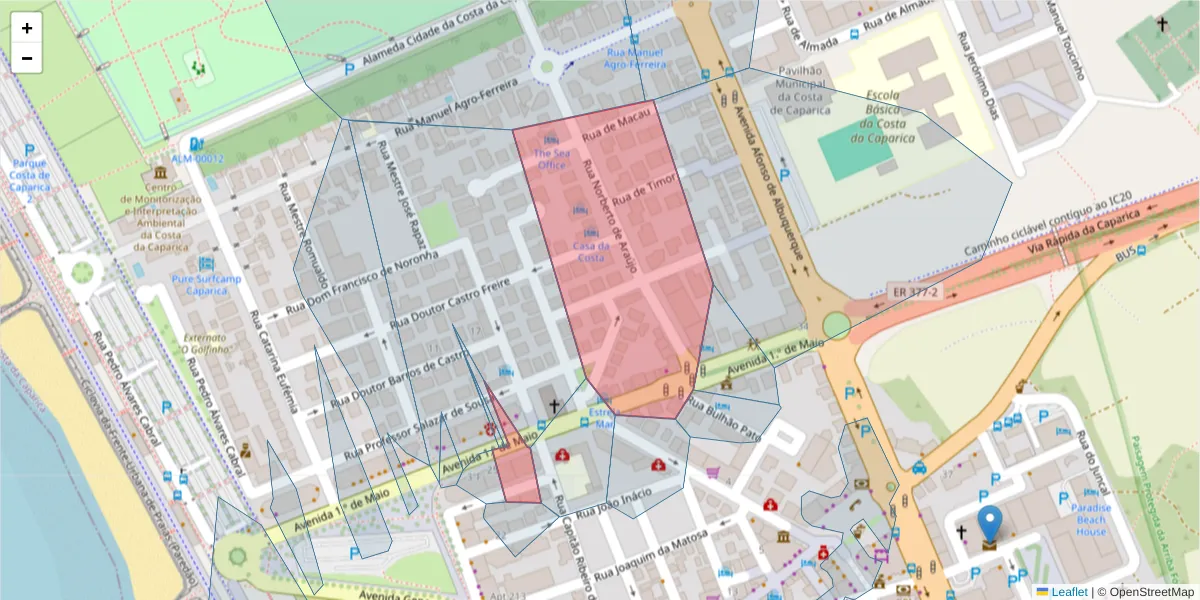 Mapa detalhado do código postal 2825-397 com limites, códigos postais vizinhos e agências dos correios