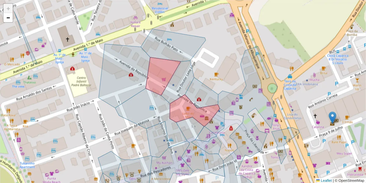 Mapa detalhado do código postal 2825-399 com limites, códigos postais vizinhos e agências dos correios
