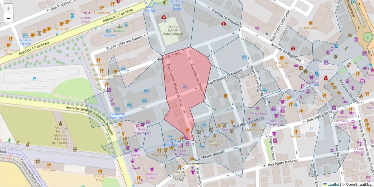 Mapa detalhado do código postal 2825-400 com limites, códigos postais vizinhos e agências dos correios