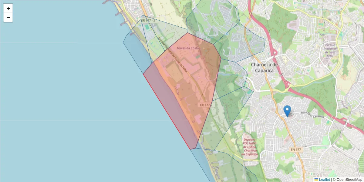 Mapa detalhado do código postal 2825-412 com limites, códigos postais vizinhos e agências dos correios