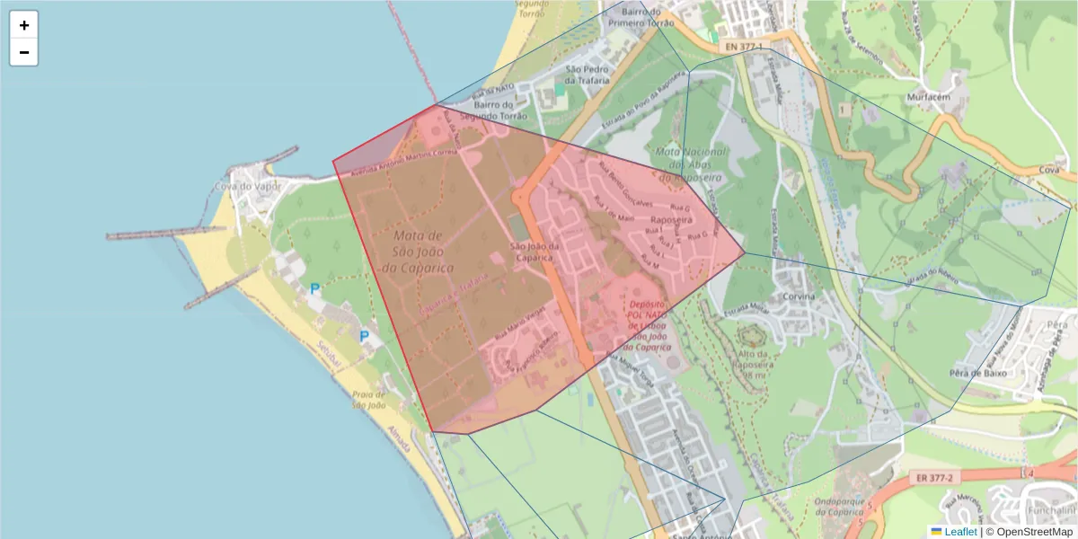 Mapa detalhado do código postal 2825-456 com limites, códigos postais vizinhos e agências dos correios