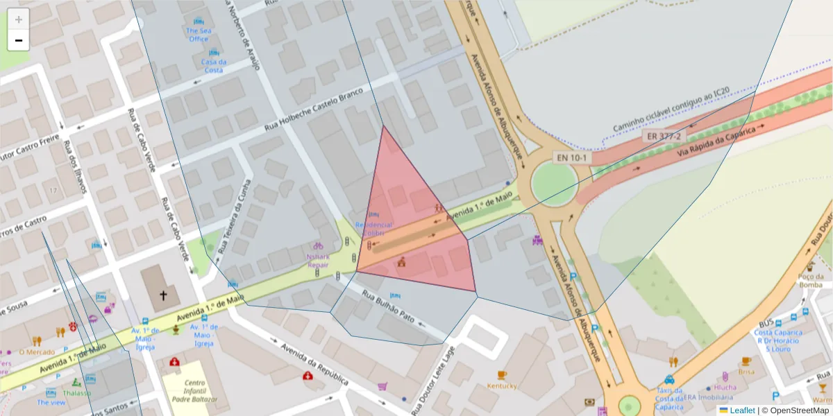 Mapa detalhado do código postal 2825-504 com limites, códigos postais vizinhos e agências dos correios