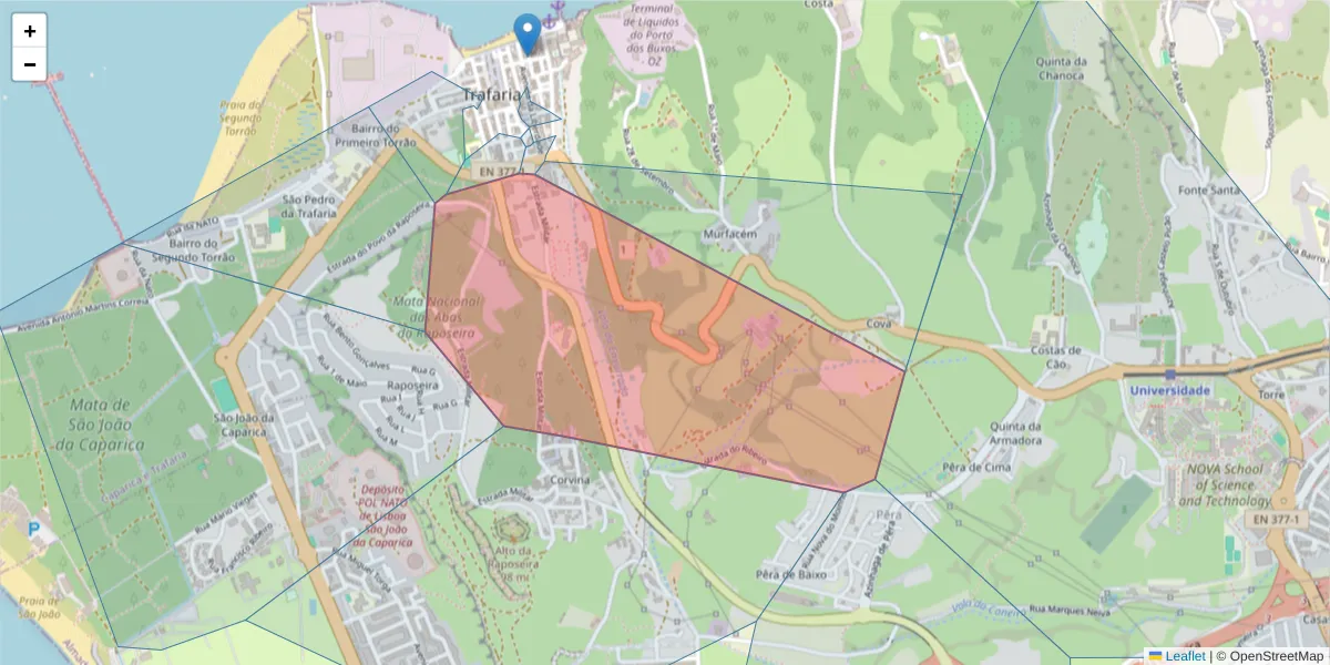 Mapa detalhado do código postal 2825-832 com limites, códigos postais vizinhos e agências dos correios