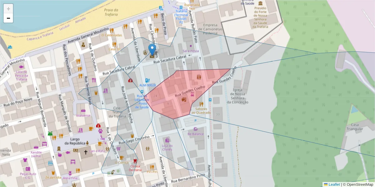Mapa detalhado do código postal 2825-854 com limites, códigos postais vizinhos e agências dos correios