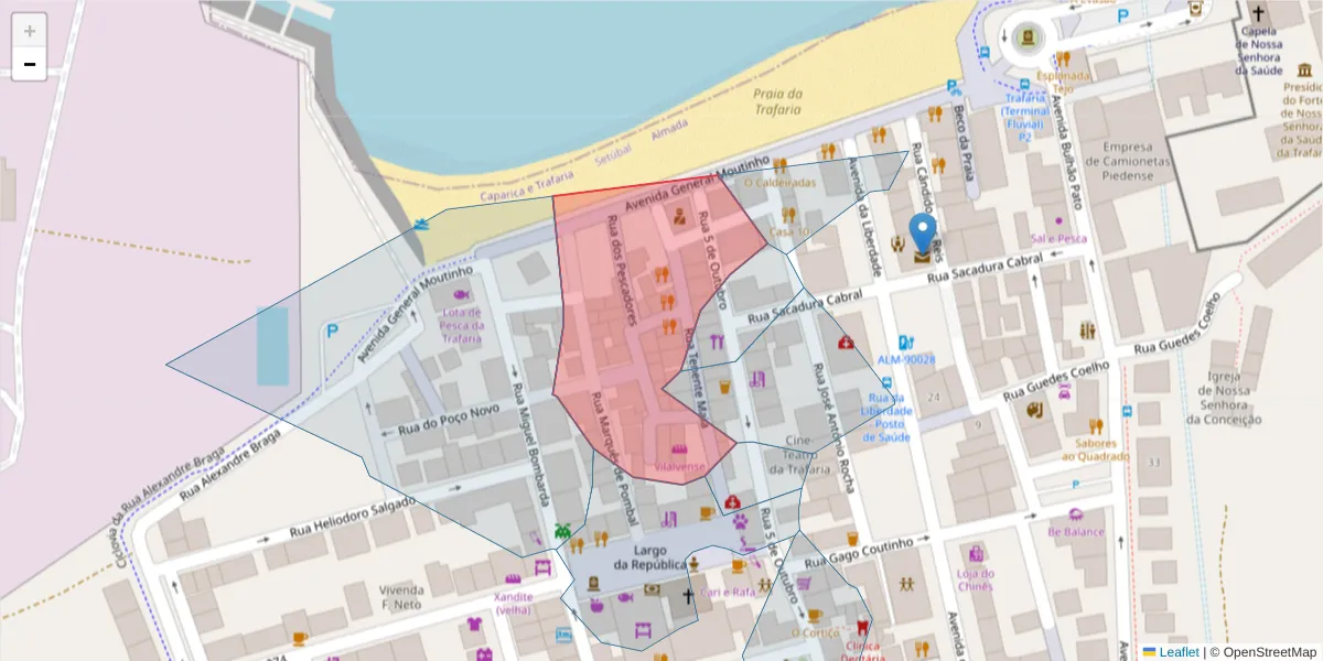 Mapa detalhado do código postal 2825-863 com limites, códigos postais vizinhos e agências dos correios