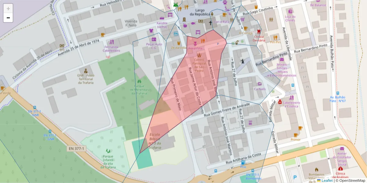 Mapa detalhado do código postal 2825-865 com limites, códigos postais vizinhos e agências dos correios