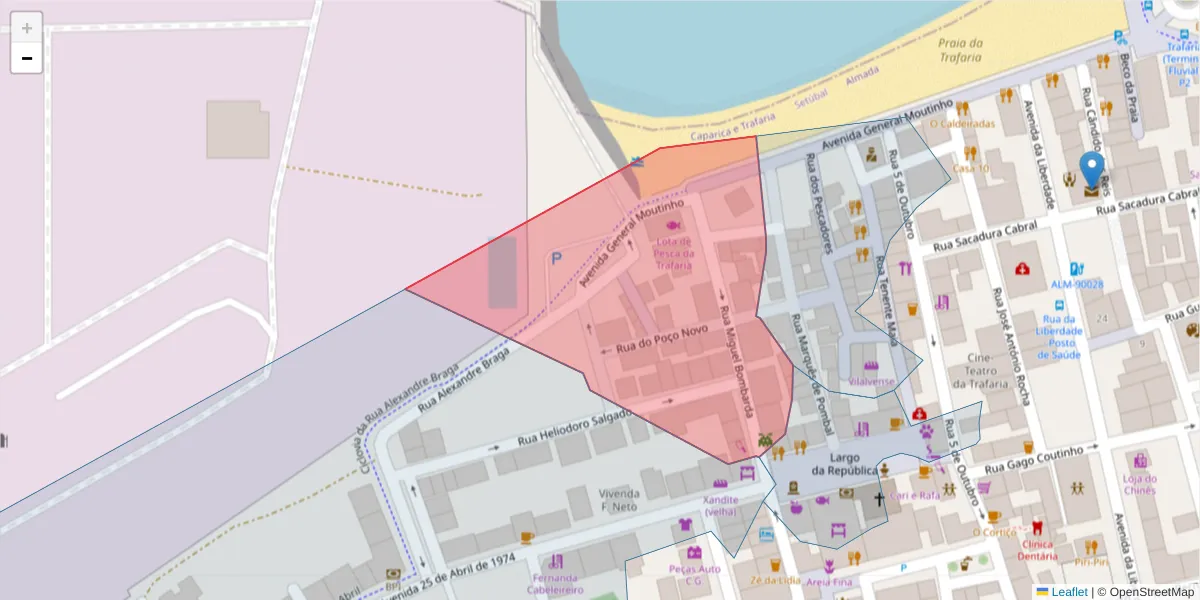 Mapa detalhado do código postal 2825-868 com limites, códigos postais vizinhos e agências dos correios
