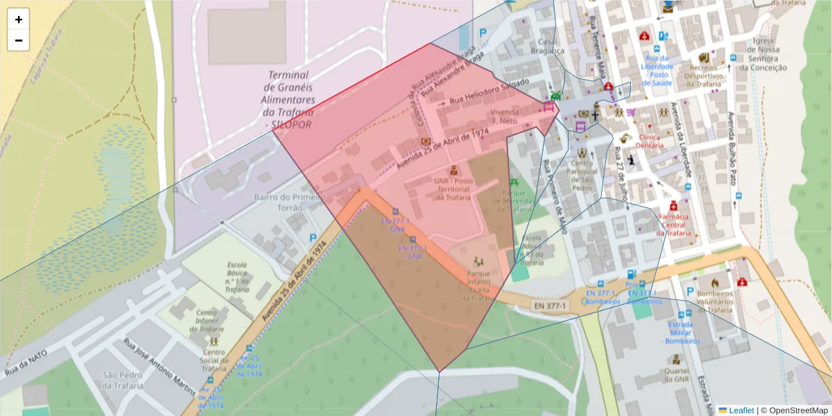 Mapa detalhado do código postal 2825-885 com limites, códigos postais vizinhos e agências dos correios