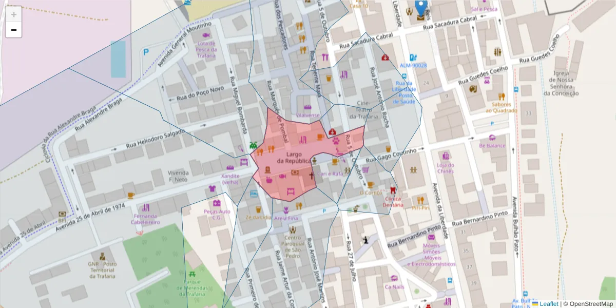 Mapa detalhado do código postal 2825-886 com limites, códigos postais vizinhos e agências dos correios