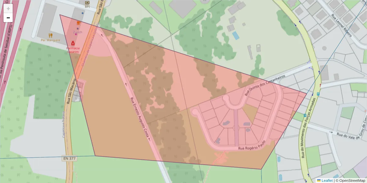 Mapa detalhado do código postal 2829-514 com limites, códigos postais vizinhos e agências dos correios