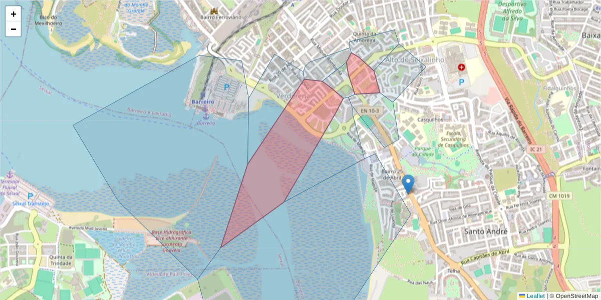 Mapa detalhado do código postal 2830-001 com limites, códigos postais vizinhos e agências dos correios