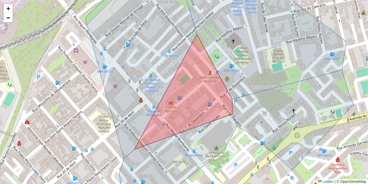 Mapa detalhado do código postal 2830-007 com limites, códigos postais vizinhos e agências dos correios